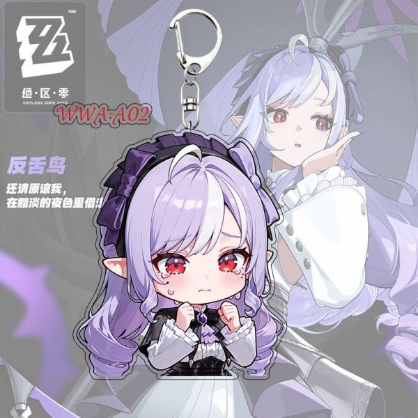 Cute chibi acrylic keychain of Zenless Zone Zero character Vivian with a silver key ring and lobster clasp attached.