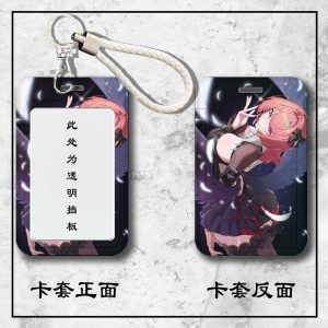Front and back view of a Zenless Zone Zero Remiel sliding hard plastic ID card holder with a clear display window and attached braided wrist strap.
