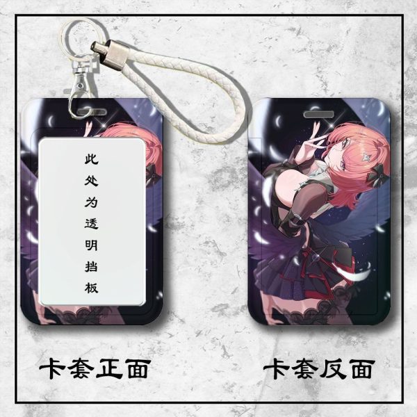 Front and back view of a Zenless Zone Zero Remiel sliding hard plastic ID card holder with a clear display window and attached braided wrist strap.