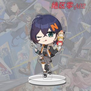 A collection of Zenless Zone Zero chibi anime acrylic standees featuring various characters standing on clear plastic bases.