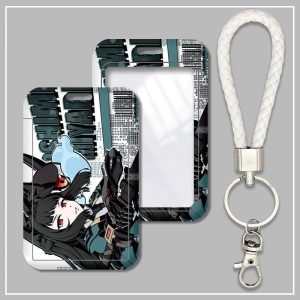 Hard plastic ID card sleeve featuring Zenless Zone Zero character Hoshimi Miyabi with a clear window and attached white braided wristlet lanyard keychain.
