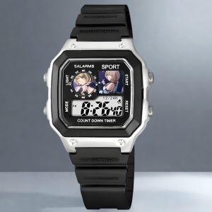 Square digital sports watch in matte black and silver cases featuring custom Zenless Zone Zero anime character illustrations printed on the upper display windows.