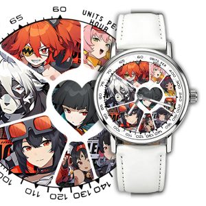 Silver round Zenless Zone Zero anime wristwatch with a white strap featuring a character collage dial with Ellen Joe, Nicole, Lycaon, Koleda, and Nekomata.