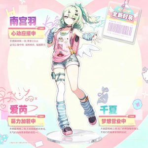 Clear Zenless Zone Zero acrylic standee featuring Chinatsu, Eri, and Nangong Yu in pink winged Delusional Angel idol outfits on round display bases.
