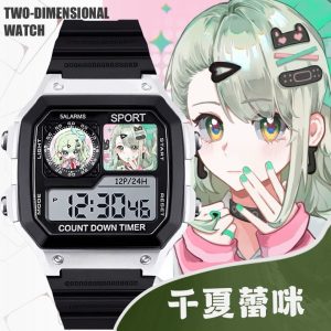 Black and silver square digital sports watch with a clear LCD screen featuring Zenless Zone Zero character Chinatsu Remi on the dial face displays.