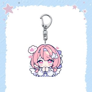 Acrylic keychain of chibi Remiel from Zenless Zone Zero with pink hair, angel wings, and cute speech bubbles on a silver lobster clasp.