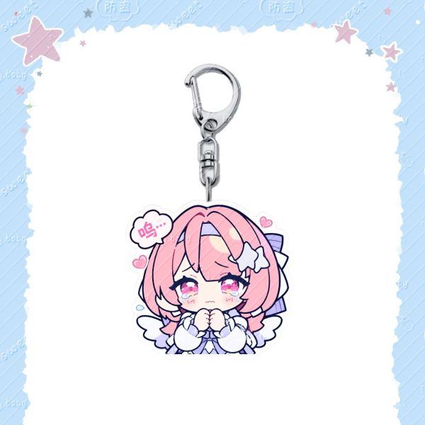 Acrylic keychain of chibi Remiel from Zenless Zone Zero with pink hair, angel wings, and cute speech bubbles on a silver lobster clasp.