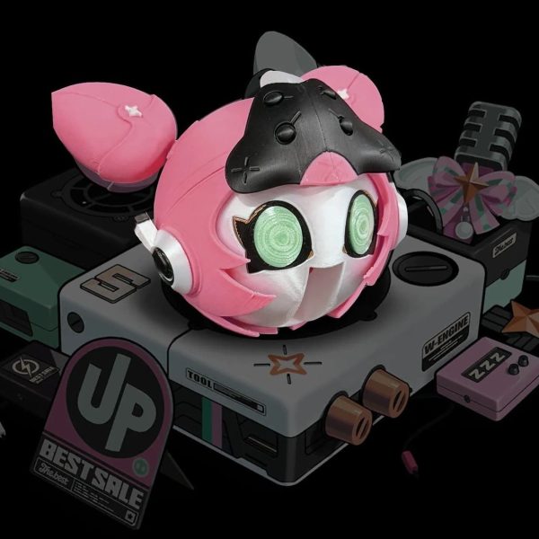 A 3D printed pink mascot model of Eri's signature W-Engine Spirit in the Shell from Zenless Zone Zero mounted on a mechanical display stand base.