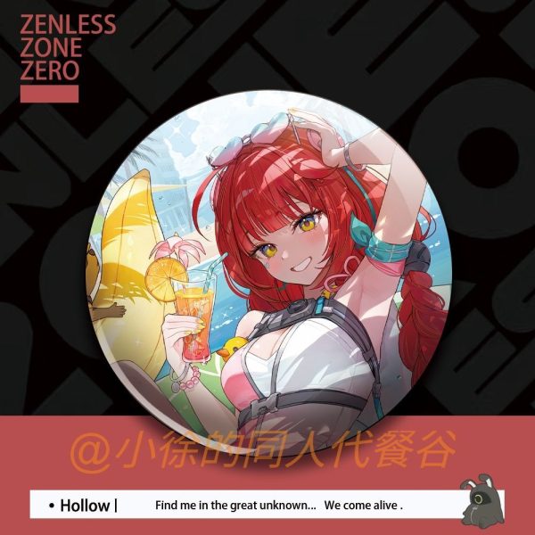 Round tinplate anime pin badge featuring red-haired Yuzuha Fuwa from Zenless Zone Zero in vibrant fanmade illustrations.