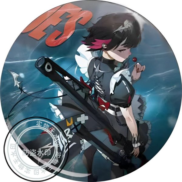 Round tinplate anime pin badges featuring shark-maid Ellen Joe from Zenless Zone Zero in vibrant artwork poses.