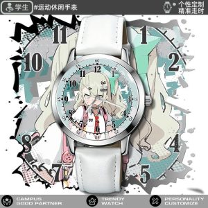Round silver analog watch featuring Zenless Zone Zero character Chinatsu printed on the face, styled with black and white leather straps.