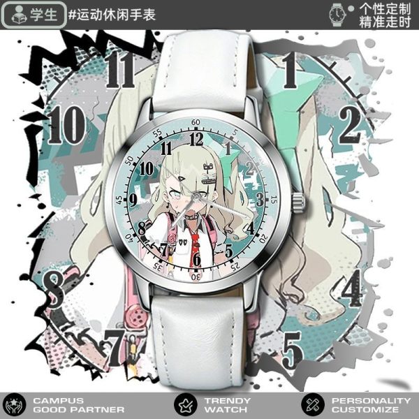 Round silver analog watch featuring Zenless Zone Zero character Chinatsu printed on the face, styled with black and white leather straps.