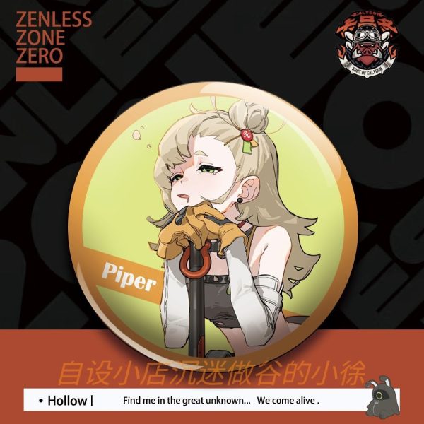 Set of round tinplate anime pin badges featuring Zenless Zone Zero characters Qingyi, Lucy, Piper, Corin, and Ju Fufu in custom fanart styles.