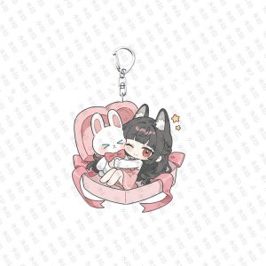Alt Text: Cute chibi acrylic keychains featuring Zenless Zone Zero character Hoshimi Miyabi in various cozy themed poses with silver metal keyring clasps.