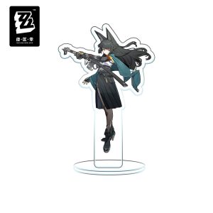 Clear acrylic standee figures of Zenless Zone Zero characters including Harumasa with a bow, Yixuan, Miyabi with a katana, Dialyn, and Clara with a bird.