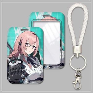 Hard shell sliding card holder featuring Zenless Zone Zero character Tsukishiro Yanagi paired with a white braided wrist strap keychain.