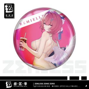 Round tinplate anime badges featuring Zenless Zone Zero character Remiel holding an iced drink in a white swimsuit and a sailor school uniform.