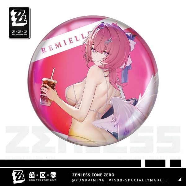 Round tinplate anime badges featuring Zenless Zone Zero character Remiel holding an iced drink in a white swimsuit and a sailor school uniform.