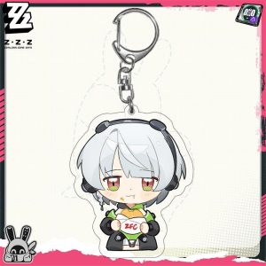 Chibi acrylic keychains featuring Zenless Zone Zero characters including Ellen Joe, Wise, Belle, and Koleda attached to silver metal keyrings.