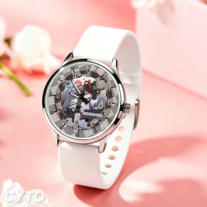 Round silver wristwatches featuring printed Zenless Zone Zero characters Anby, Billy, Ben Bigger, and Soldier 11 on the dials with black and white silicone straps.