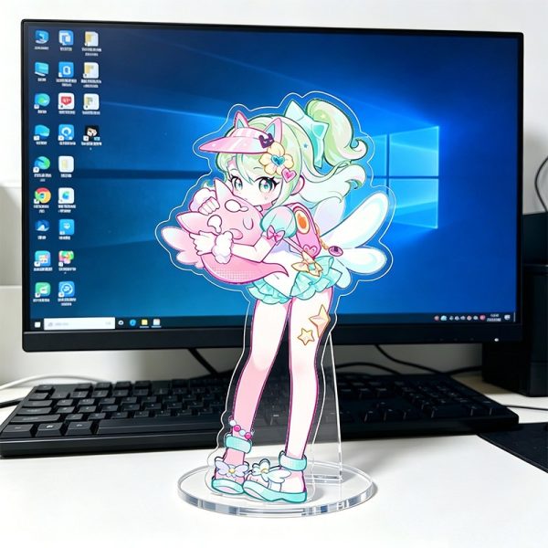 Zenless Zone Zero acrylic standees featuring three anime characters in pastel swimsuits with summer accessories standing in front of a computer screen.