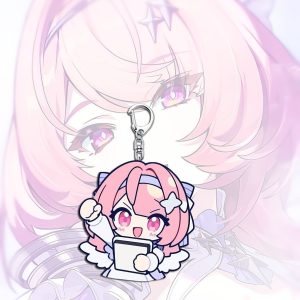 Clear acrylic keychain of Zenless Zone Zero character Lumiere in cute chibi style with various expressions attached to a silver metal clasp.