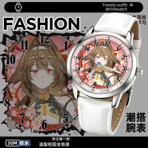 Round silver anime wristwatch featuring printed Zenless Zone Zero character Ye Shunguang on the dial with a white stitched leather strap.