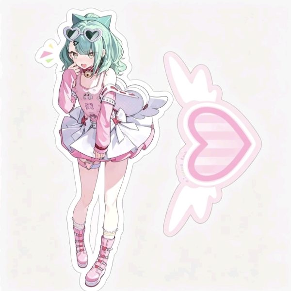 Acrylic standee of Zenless Zone Zero character Chinatsu in a pink Delusional Angels outfit alongside a pink winged-heart shaped base.