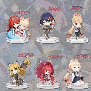 A collection of Zenless Zone Zero chibi anime acrylic standees featuring various characters standing on clear plastic bases.
