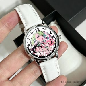 Round silver Zenless Zone Zero anime quartz wristwatch with white leather strap featuring colorful chibi anime character illustrations on the dial.