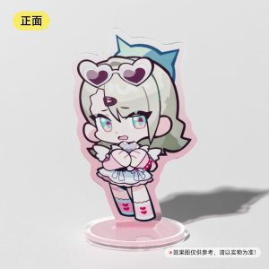 Cute pink chibi anime girl acrylic standee figure from Zenless Zone Zero mounted on a clear round base.