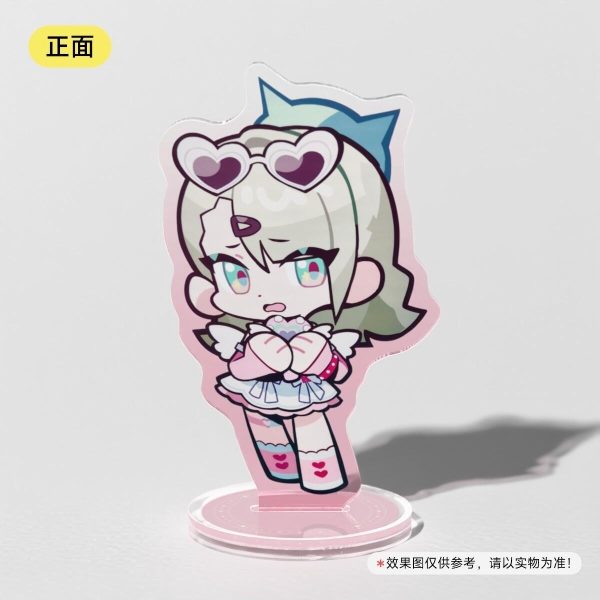 Cute pink chibi anime girl acrylic standee figure from Zenless Zone Zero mounted on a clear round base.