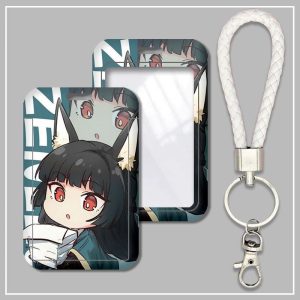 Hard plastic ID card sleeve featuring Zenless Zone Zero character Hoshimi Miyabi with a clear window and attached white braided wristlet lanyard keychain.