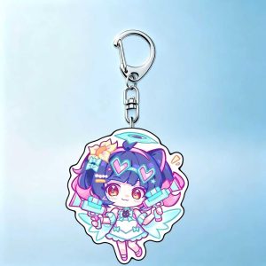 Chibi acrylic keychains of Zenless Zone Zero Delusional Angels characters Nangong Yu, Chinatsu, and Arui with silver lobster clasps.