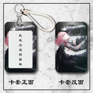 Front and back view of a Zenless Zone Zero Remiel sliding hard plastic ID card holder with a clear display window and attached braided wrist strap.