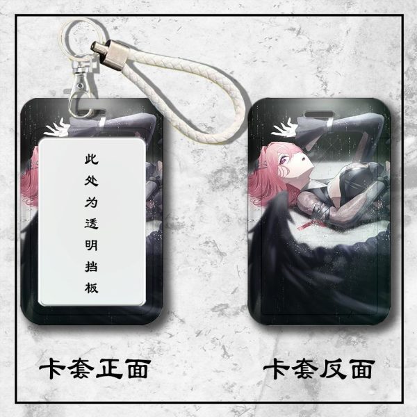 Front and back view of a Zenless Zone Zero Remiel sliding hard plastic ID card holder with a clear display window and attached braided wrist strap.