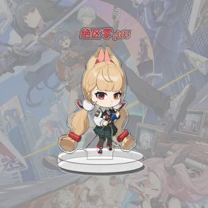 A collection of Zenless Zone Zero chibi anime acrylic standees featuring various characters standing on clear plastic bases.