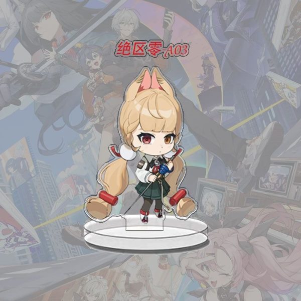 A collection of Zenless Zone Zero chibi anime acrylic standees featuring various characters standing on clear plastic bases.