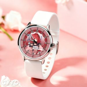 Silver round Zenless Zone Zero anime watch with a white silicone strap and colorful character dial display.