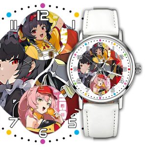 Silver round Zenless Zone Zero anime wristwatch with a white strap featuring a character collage dial with Ellen Joe, Nicole, Lycaon, Koleda, and Nekomata.