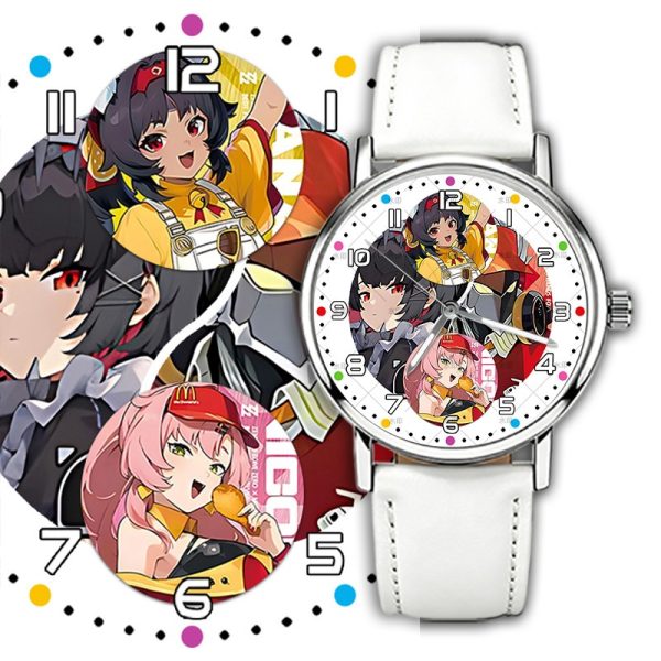 Silver round Zenless Zone Zero anime wristwatch with a white strap featuring a character collage dial with Ellen Joe, Nicole, Lycaon, Koleda, and Nekomata.