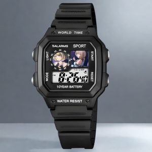 Square digital sports watch in matte black and silver cases featuring custom Zenless Zone Zero anime character illustrations printed on the upper display windows.