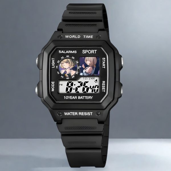 Square digital sports watch in matte black and silver cases featuring custom Zenless Zone Zero anime character illustrations printed on the upper display windows.