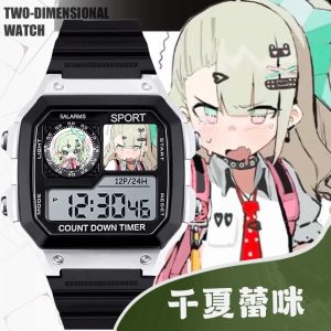 Black and silver square digital sports watch with a clear LCD screen featuring Zenless Zone Zero character Chinatsu Remi on the dial face displays.