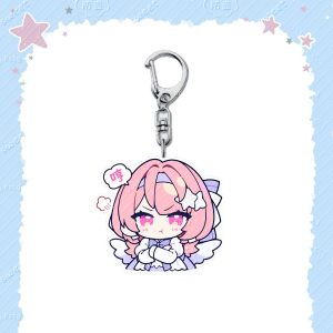 Acrylic keychain of chibi Remiel from Zenless Zone Zero with pink hair, angel wings, and cute speech bubbles on a silver lobster clasp.
