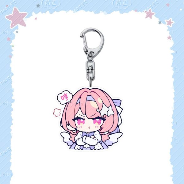 Acrylic keychain of chibi Remiel from Zenless Zone Zero with pink hair, angel wings, and cute speech bubbles on a silver lobster clasp.