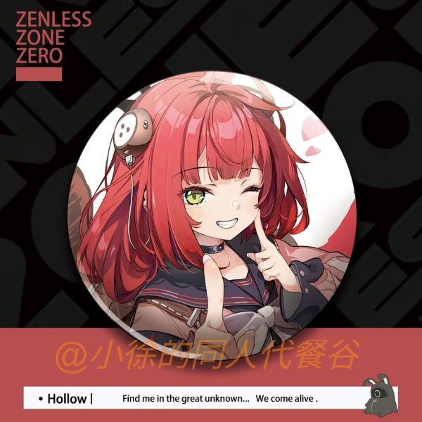 Round tinplate anime pin badge featuring red-haired Yuzuha Fuwa from Zenless Zone Zero in vibrant fanmade illustrations.