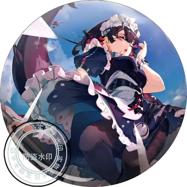 Round tinplate anime pin badges featuring shark-maid Ellen Joe from Zenless Zone Zero in vibrant artwork poses.