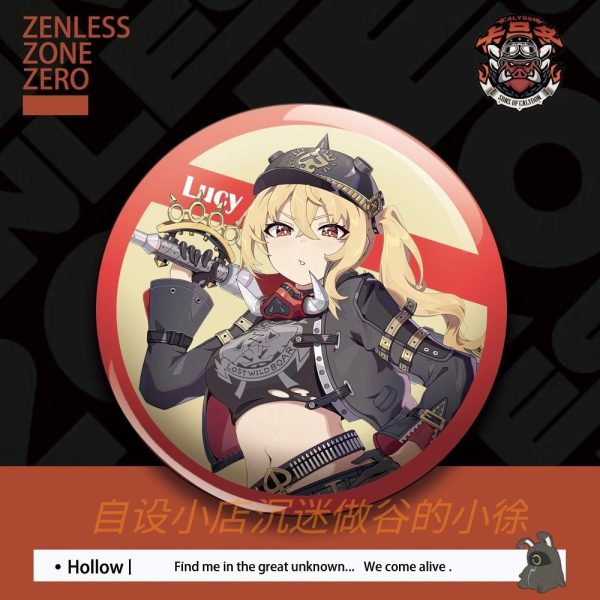 Set of round tinplate anime pin badges featuring Zenless Zone Zero characters Qingyi, Lucy, Piper, Corin, and Ju Fufu in custom fanart styles.