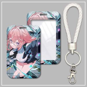 Thick plastic hard shell card sleeve featuring Tsukishiro Yanagi from Zenless Zone Zero paired with a white braided lanyard keychain.